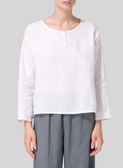 Linen Dropped Shoulder Narrow Sleeve Boxy Short Top