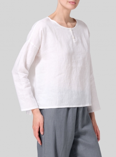 Linen Dropped Shoulder Narrow Sleeve Boxy Short Top