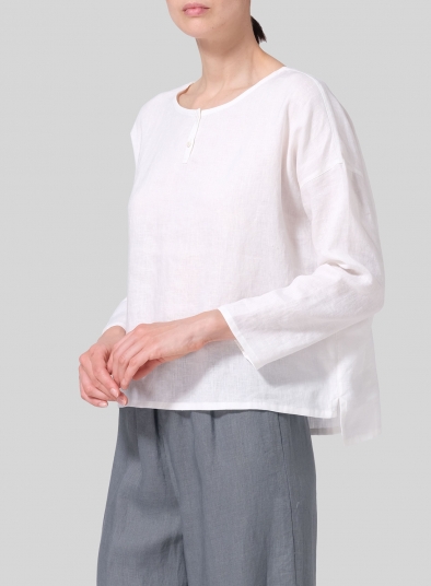 Linen Dropped Shoulder Narrow Sleeve Boxy Short Top