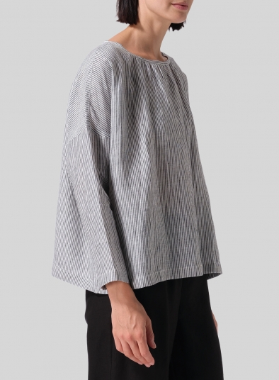 Linen Loose Pleated Crew Neck Blouse