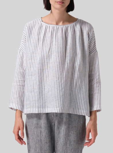 Linen Loose Pleated Crew Neck Blouse