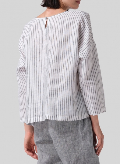 Linen Loose Pleated Crew Neck Blouse