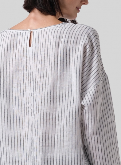 Linen Loose Pleated Crew Neck Blouse