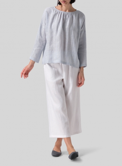 Linen Loose Pleated Crew Neck Blouse