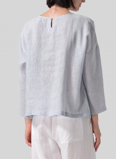 Linen Loose Pleated Crew Neck Blouse