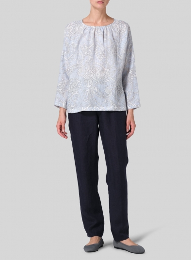 Linen Loose Pleated Crew Neck Blouse