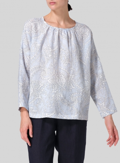 Linen Loose Pleated Crew Neck Blouse