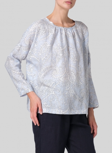 Linen Loose Pleated Crew Neck Blouse