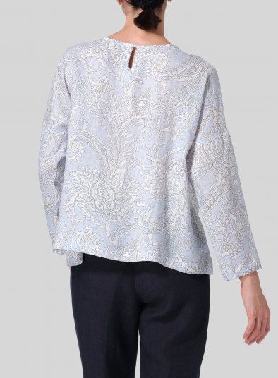 Linen Loose Pleated Crew Neck Blouse