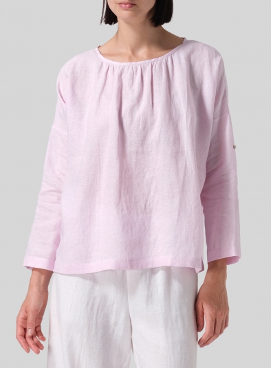 Linen Loose Pleated Roll-Tab Sleeve Top