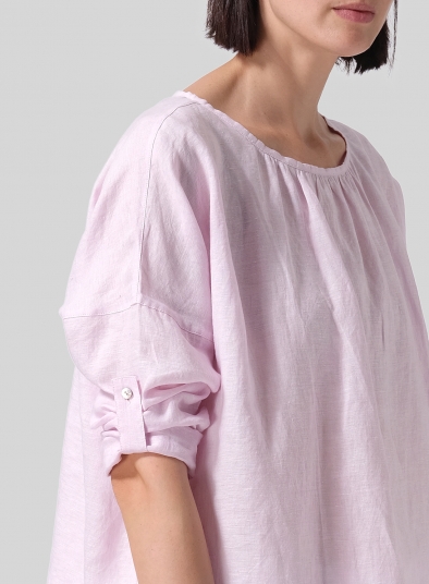 Linen Loose Pleated Roll-Tab Sleeve Top