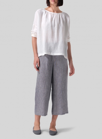 Linen Loose Pleated Roll-Tab Sleeve Top