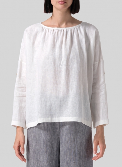 Linen Loose Pleated Roll-Tab Sleeve Top