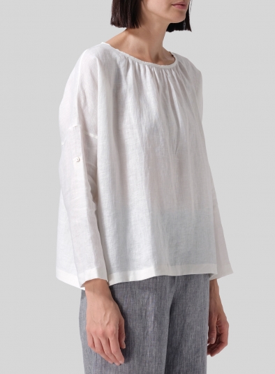 Linen Loose Pleated Roll-Tab Sleeve Top