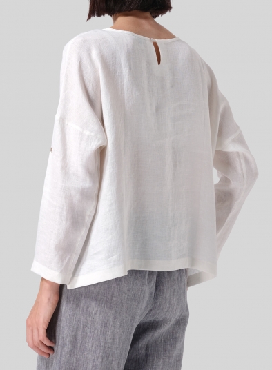 Linen Loose Pleated Roll-Tab Sleeve Top