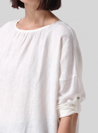 Linen Loose Pleated Roll-Tab Sleeve Top