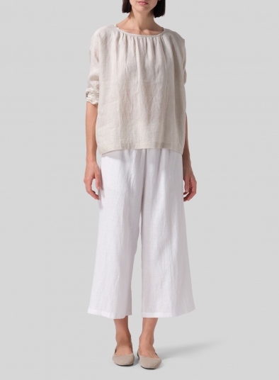 Linen Loose Pleated Roll-Tab Sleeve Top