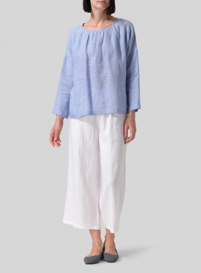 Linen Loose Pleated Roll-Tab Sleeve Top