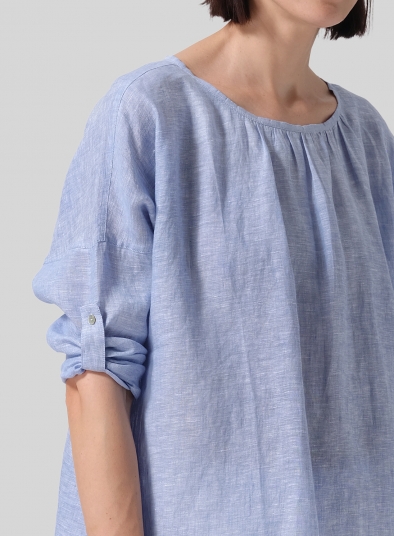 Linen Loose Pleated Roll-Tab Sleeve Top