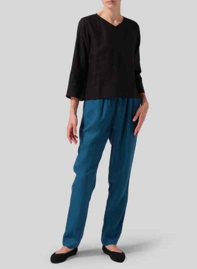 Linen Three-quarter Sleeve V-Neck Blouse