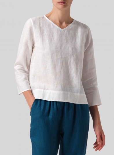 Linen Three-quarter Sleeve V-Neck Blouse