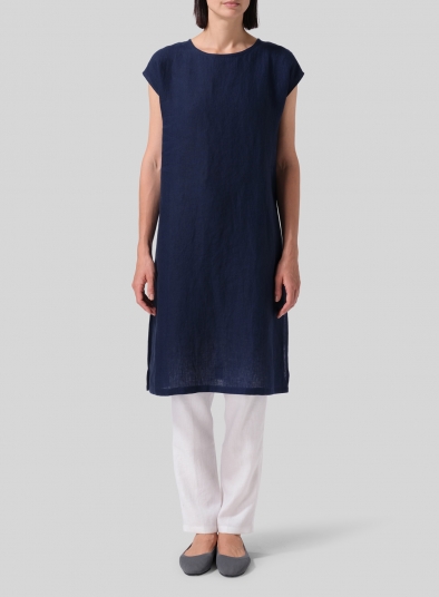 Linen Short Cap Sleeves A-Line Long Top