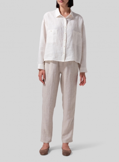 Linen Sloped Shoulder Wide Boxes with Collar Cropped Shirt
