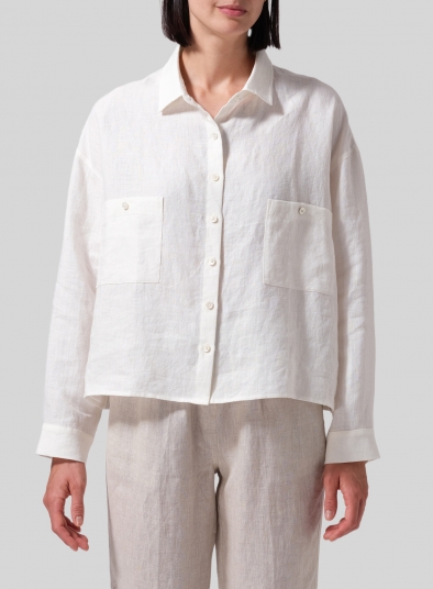 Linen Sloped Shoulder Wide Boxes with Collar Cropped Shirt