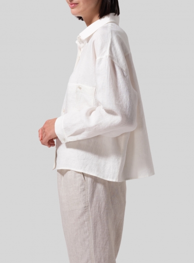 Linen Sloped Shoulder Wide Boxes with Collar Cropped Shirt