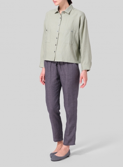 Linen Sloped Shoulder Wide Boxes with Collar Cropped Shirt