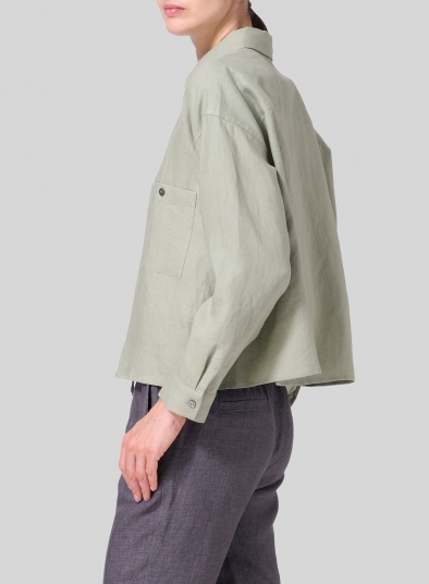 Linen Sloped Shoulder Wide Boxes with Collar Cropped Shirt