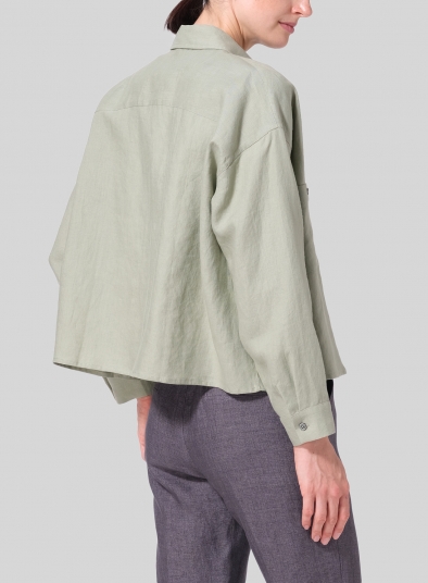 Linen Sloped Shoulder Wide Boxes with Collar Cropped Shirt