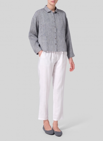 Linen Sloped Shoulder Wide Boxes with Collar Cropped Shirt