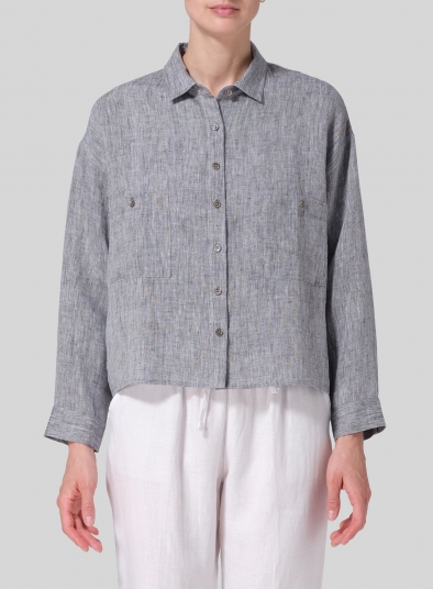 Linen Sloped Shoulder Wide Boxes with Collar Cropped Shirt