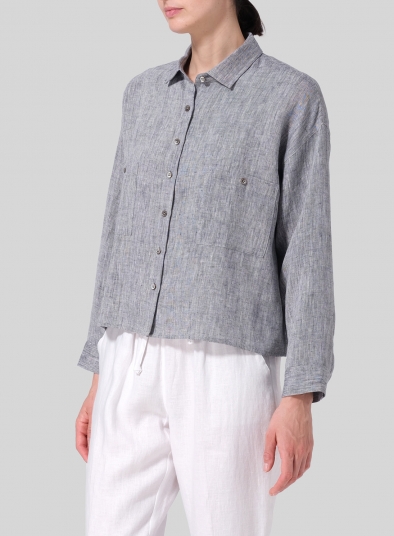 Linen Sloped Shoulder Wide Boxes with Collar Cropped Shirt