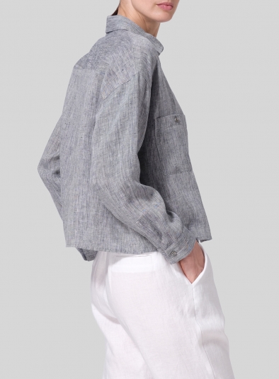 Linen Sloped Shoulder Wide Boxes with Collar Cropped Shirt