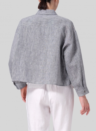 Linen Sloped Shoulder Wide Boxes with Collar Cropped Shirt