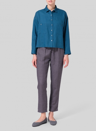 Linen Sloped Shoulder Wide Boxes with Collar Cropped Shirt