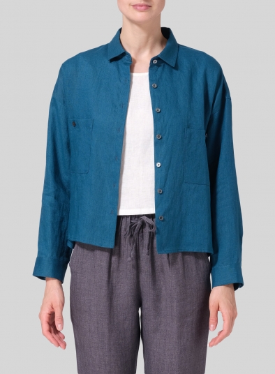 Linen Sloped Shoulder Wide Boxes with Collar Cropped Shirt