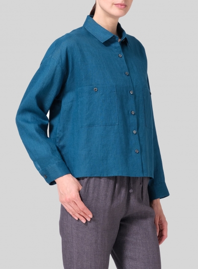 Linen Sloped Shoulder Wide Boxes with Collar Cropped Shirt