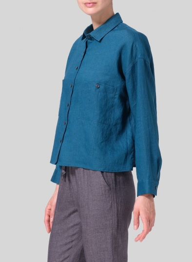 Linen Sloped Shoulder Wide Boxes with Collar Cropped Shirt