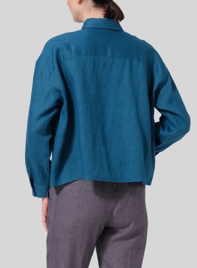 Linen Sloped Shoulder Wide Boxes with Collar Cropped Shirt