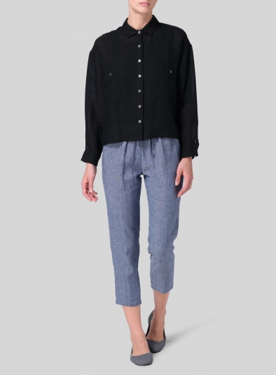 Linen Sloped Shoulder Wide Boxes with Collar Cropped Shirt