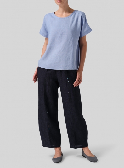 Linen Boxy Embroidered Cap Sleeves Top