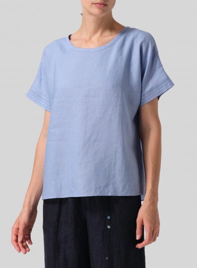 Linen Boxy Embroidered Cap Sleeves Top
