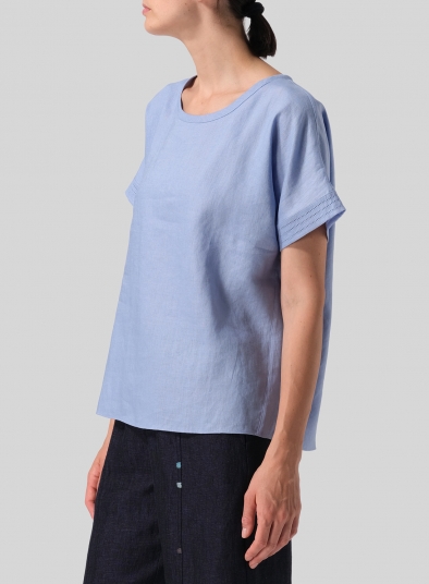 Linen Boxy Embroidered Cap Sleeves Top