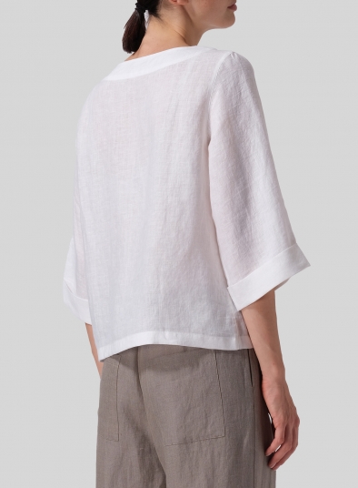 Linen Wide Sleeves V-Neckline Blouse