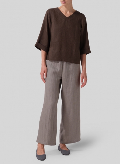 Linen Wide Sleeves V-Neckline Blouse