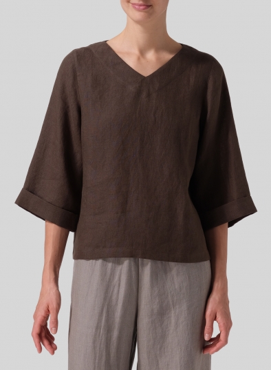 Linen Wide Sleeves V-Neckline Blouse