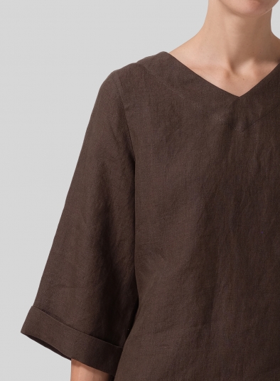 Linen Wide Sleeves V-Neckline Blouse